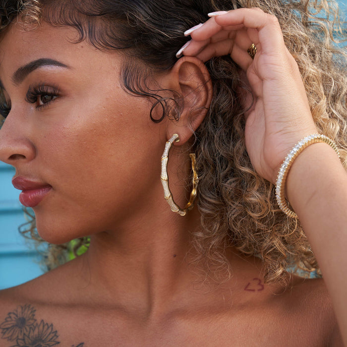 Iced Bamboo Hoop Earrings in Yellow Gold - 2.5MM