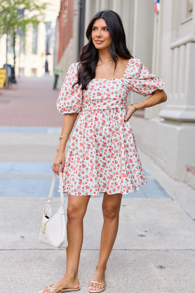 I'm Just A Girl Ivory and Red Rosette Printed Mini Dress FINAL SALE
