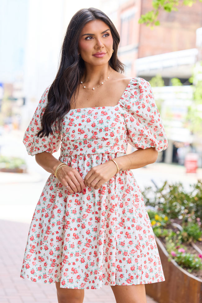 I'm Just A Girl Ivory and Red Rosette Printed Mini Dress FINAL SALE