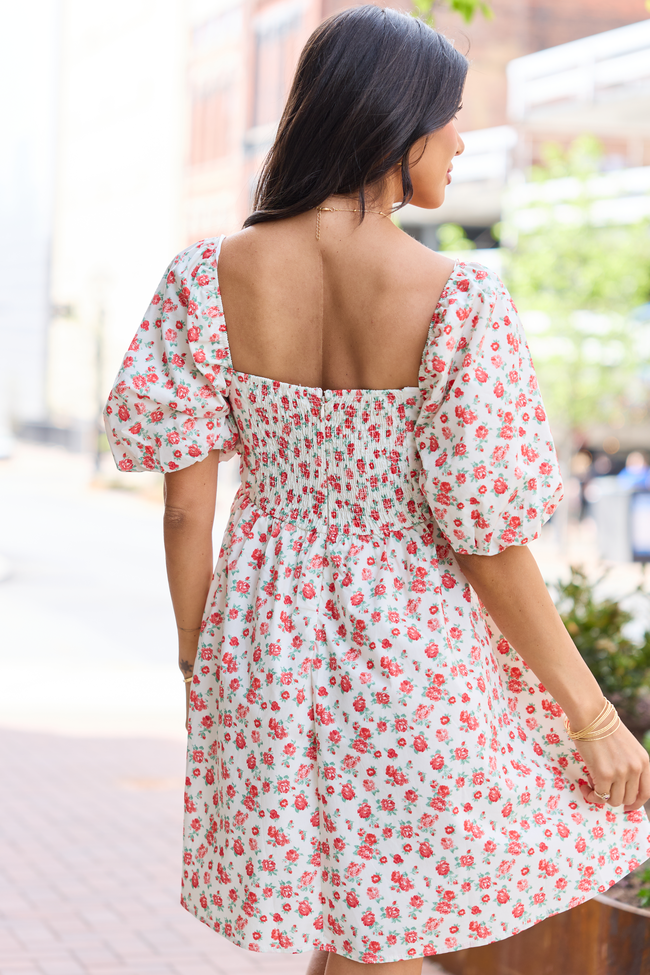 I'm Just A Girl Ivory and Red Rosette Printed Mini Dress FINAL SALE