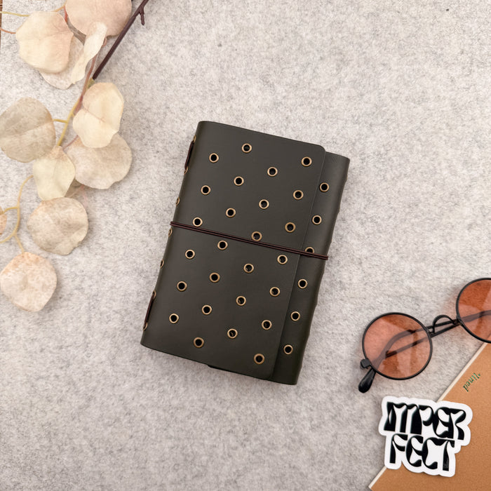 Imperfect Concepts Juniper Leather Notebook - A6 Trifold - Olive w/ Brass Grommets