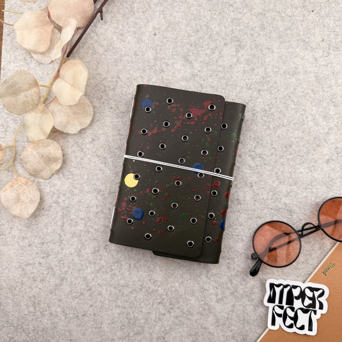 Imperfect Concepts Juniper Leather Notebook - A6 Trifold - Painted Olive w/ Gunmetal Grommets