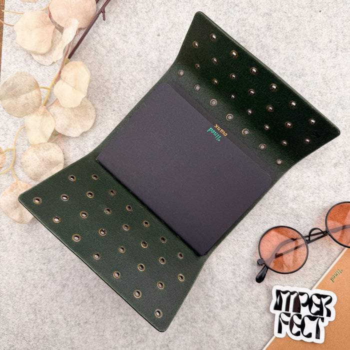 Imperfect Concepts Juniper Leather Notebook - A6 Trifold - Painted Olive w/ Gunmetal Grommets