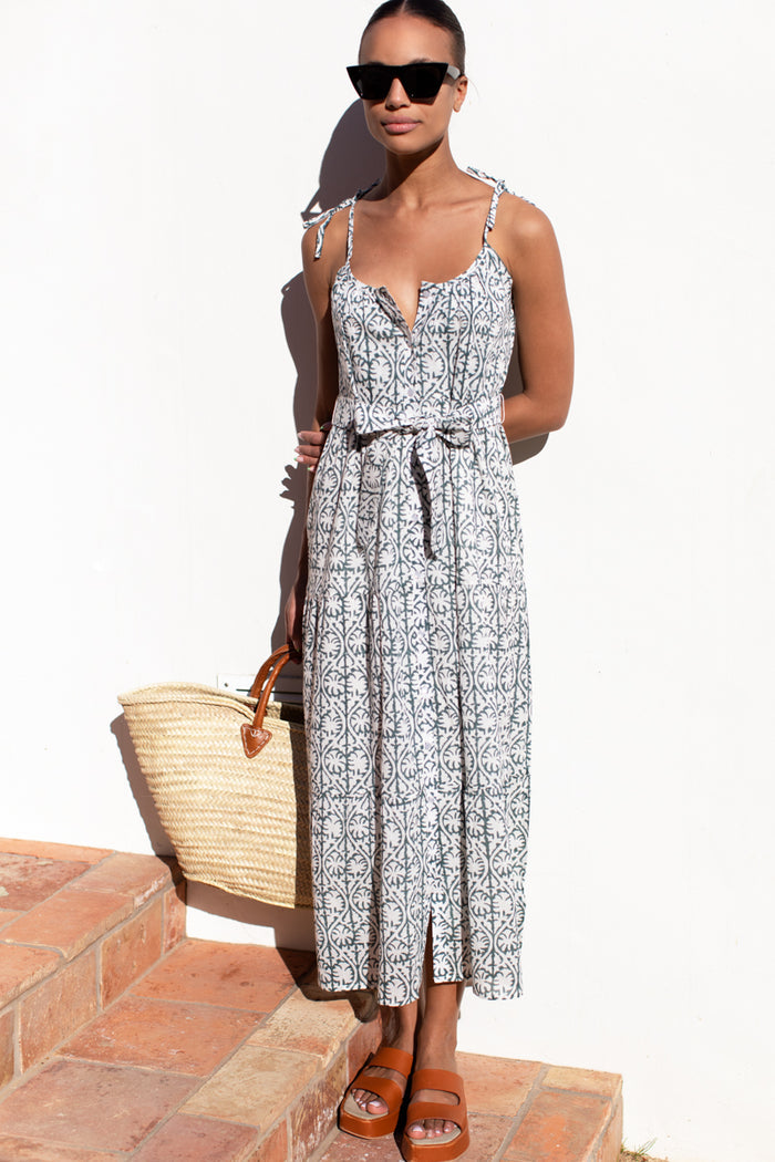 India Button Front Sundress 2 - Etoile Vine Forest Organic