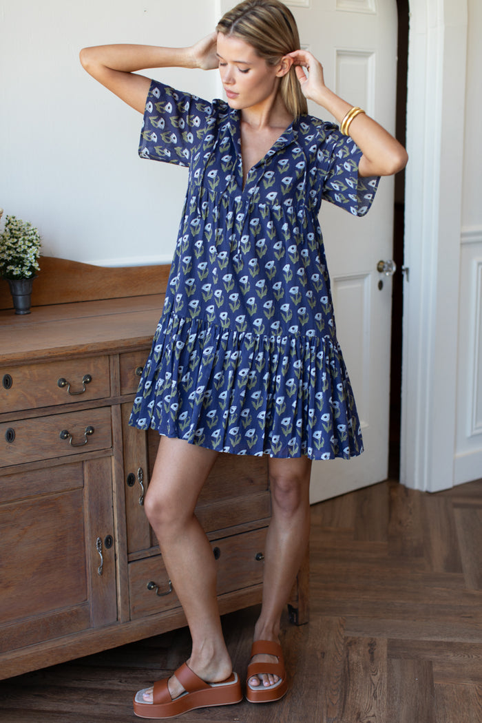 Isla Dress 2 - Pressed Poppies Blue Indigo Organic