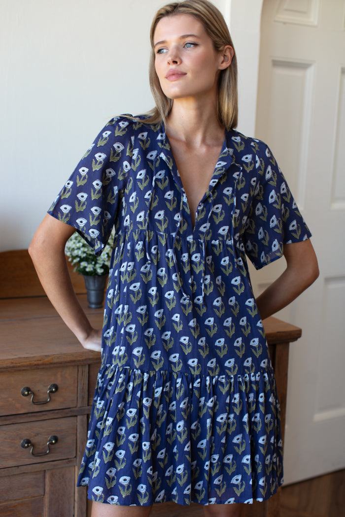 Isla Dress 2 - Pressed Poppies Blue Indigo Organic