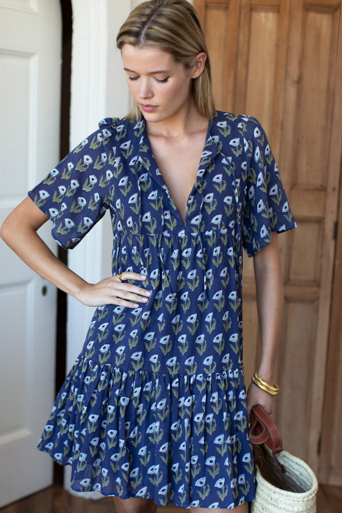 Isla Dress 2 - Pressed Poppies Blue Indigo Organic