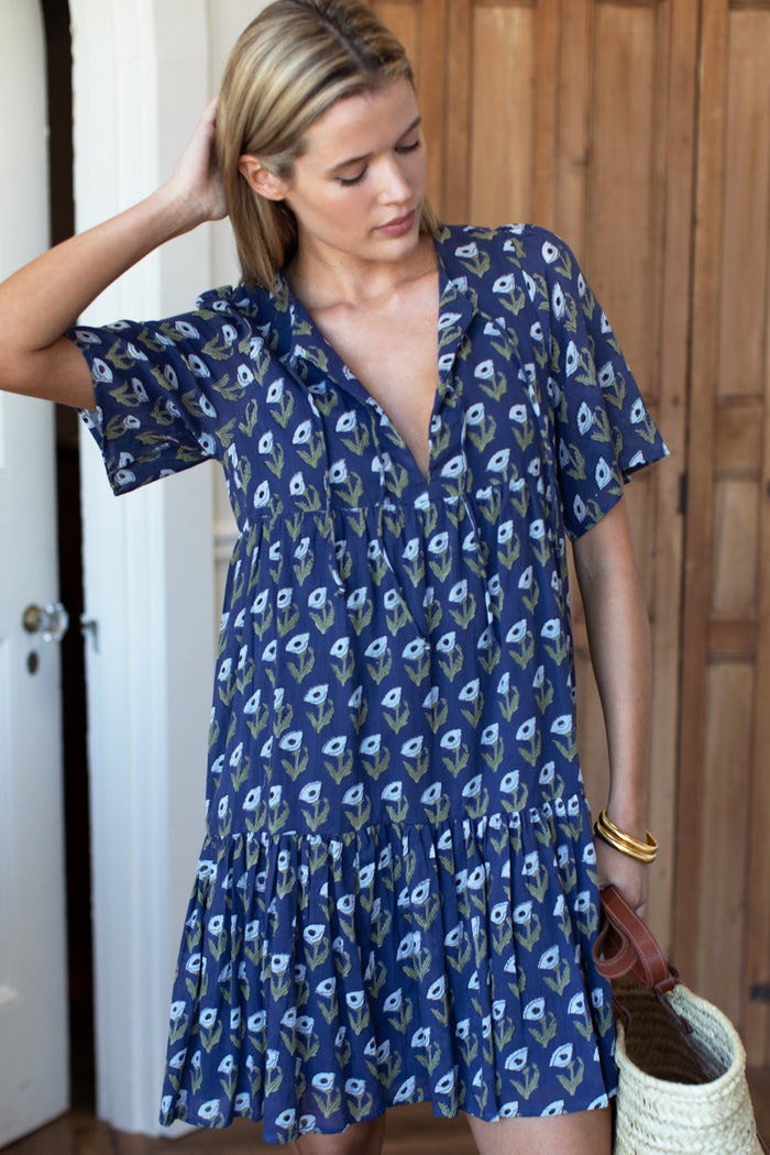 Isla Dress 2 - Pressed Poppies Blue Indigo Organic