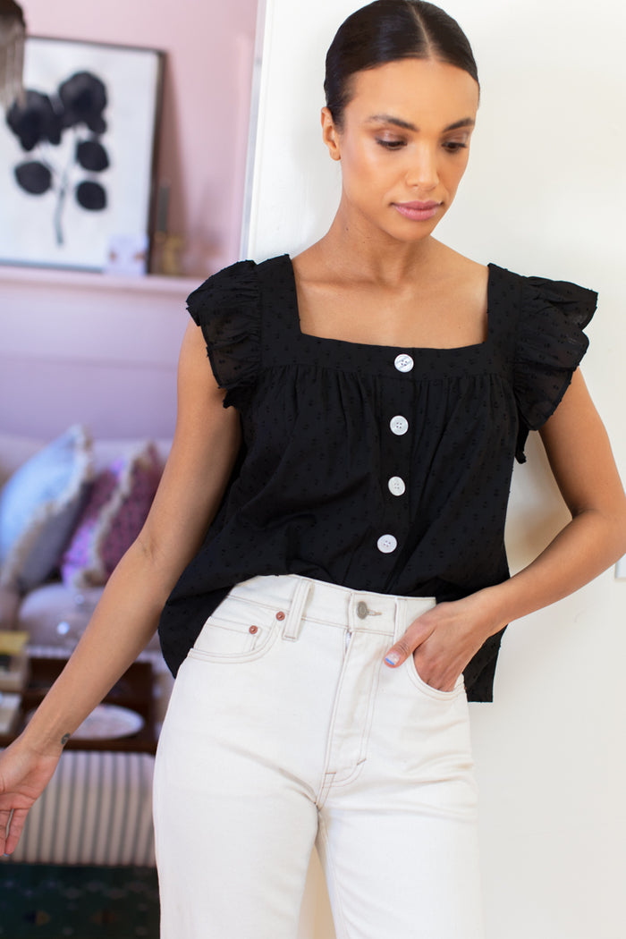 Laurent Flutter Top - Swiss Dot Black Organic