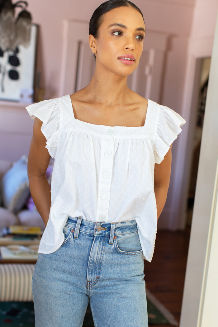 Laurent Flutter Top - Swiss Dot White Organic