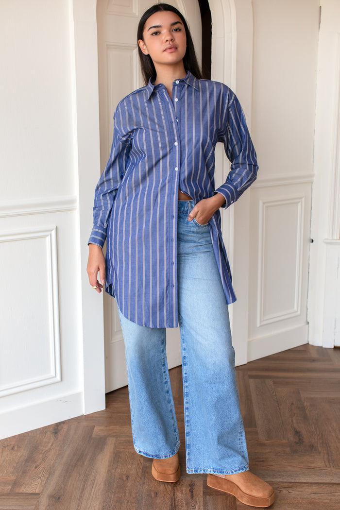 Longsleeve Shirtdress - Slate Blue Stripe