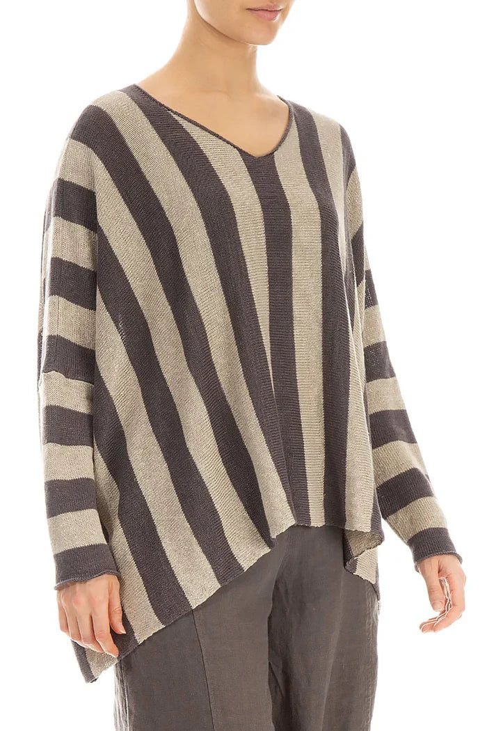 Loose V-Neck Striped Brown Linen Sweater