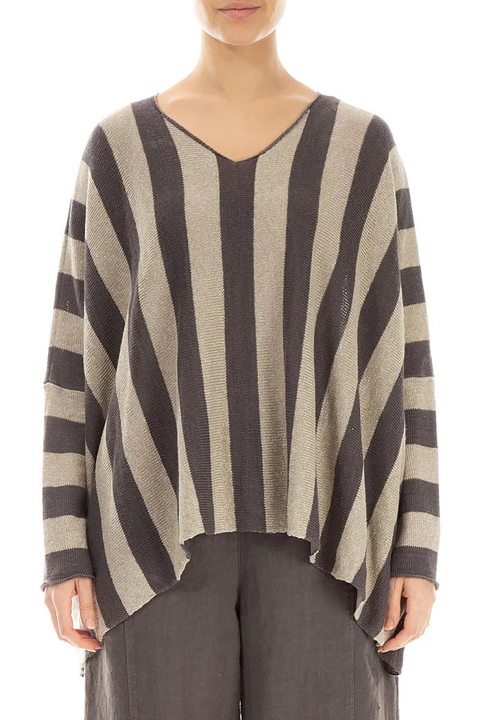 Loose V-Neck Striped Brown Linen Sweater