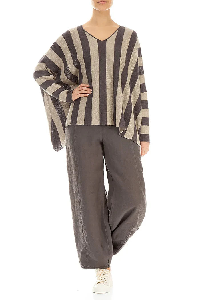 Loose V-Neck Striped Brown Linen Sweater