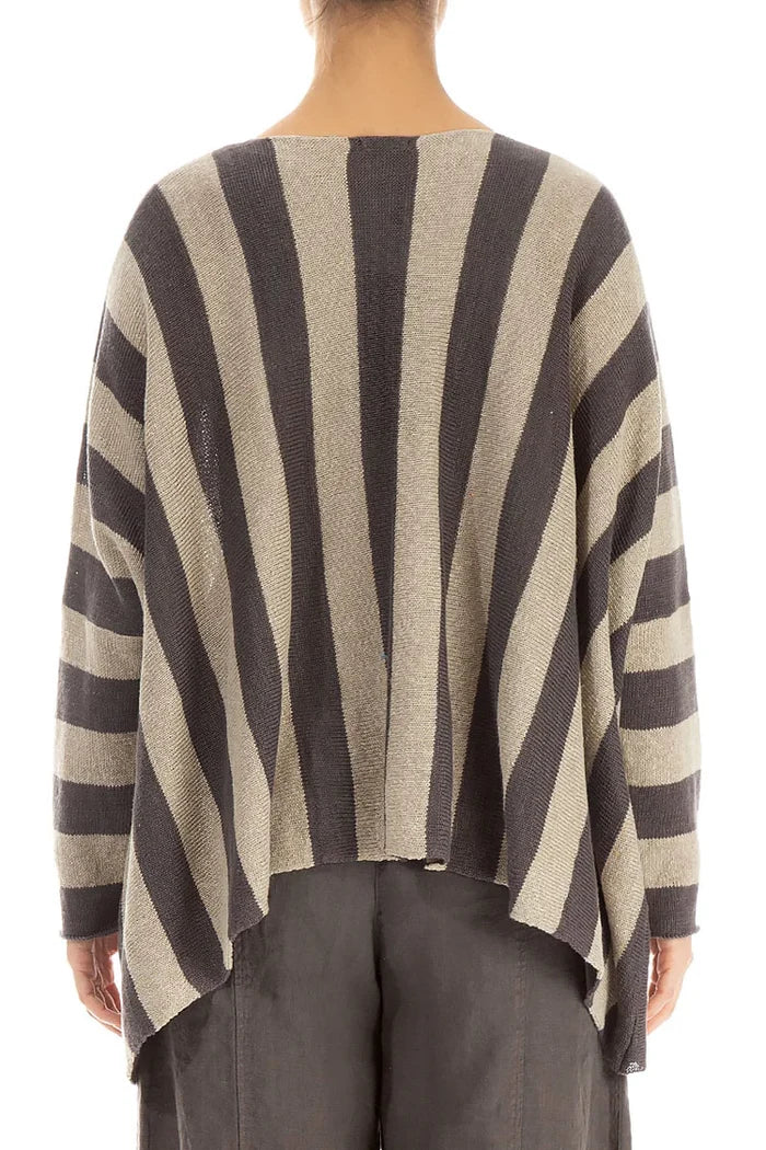 Loose V-Neck Striped Brown Linen Sweater