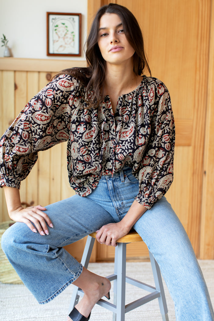 Lucy 2 Blouse - Paisley Black + Clay Satin