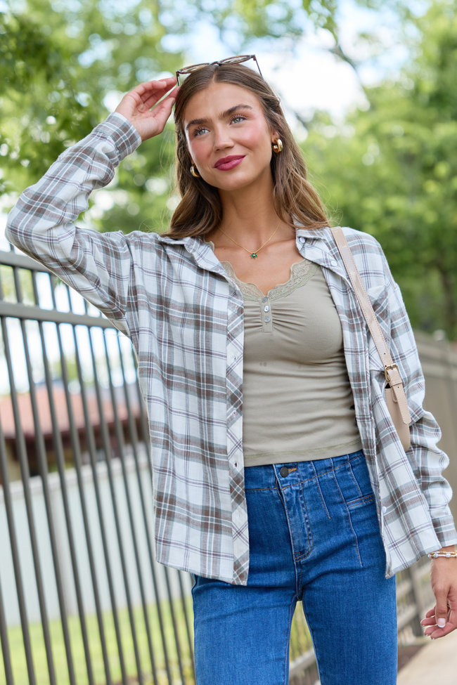 Made Me Realize Ivory, Sage, and Brown Plaid Button Front Shirt