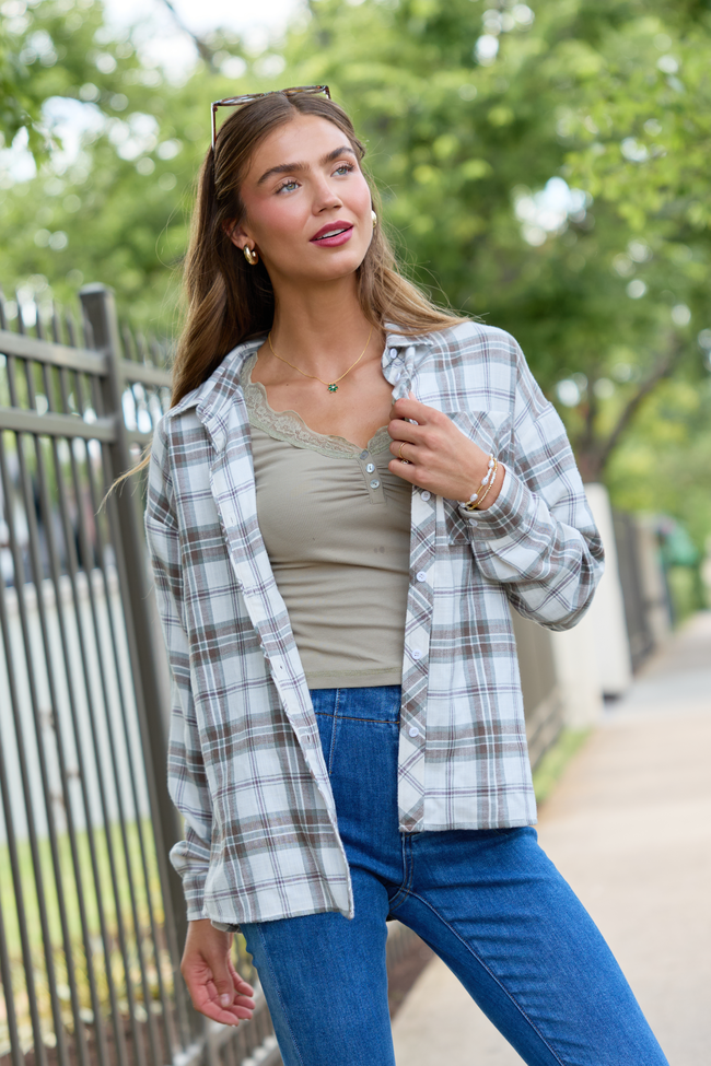 Made Me Realize Ivory, Sage, and Brown Plaid Button Front Shirt
