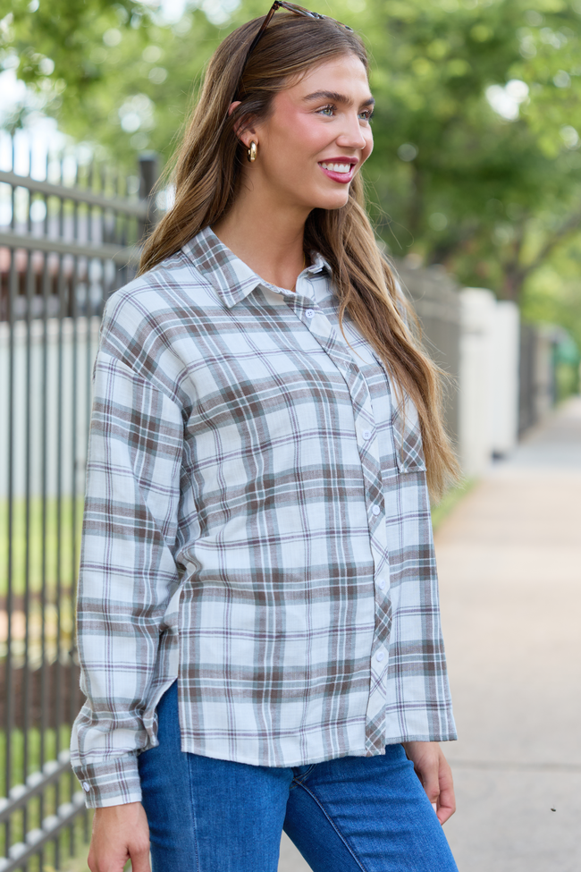 Made Me Realize Ivory, Sage, and Brown Plaid Button Front Shirt