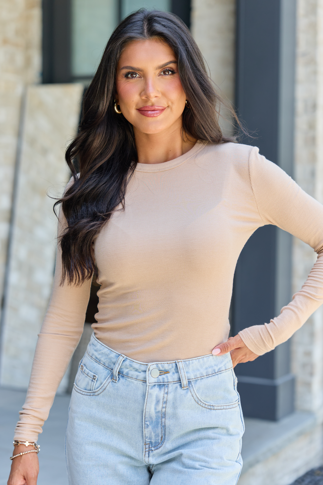 Make Your Choice Tan Ribbed Long Sleeve Tee