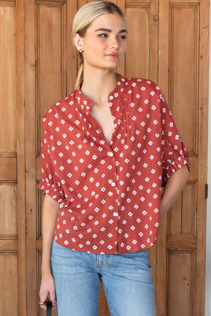 Mandarin Collar Top - Antique Rouge Diamonds Organic