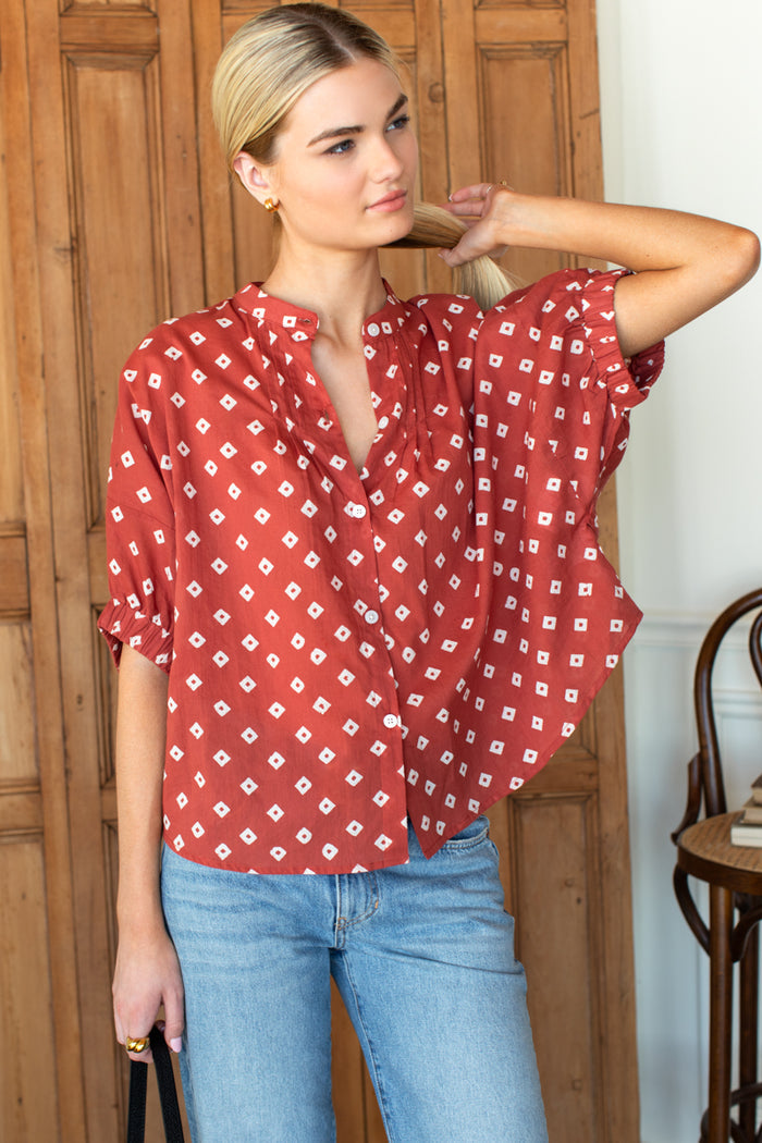 Mandarin Collar Top - Antique Rouge Diamonds Organic