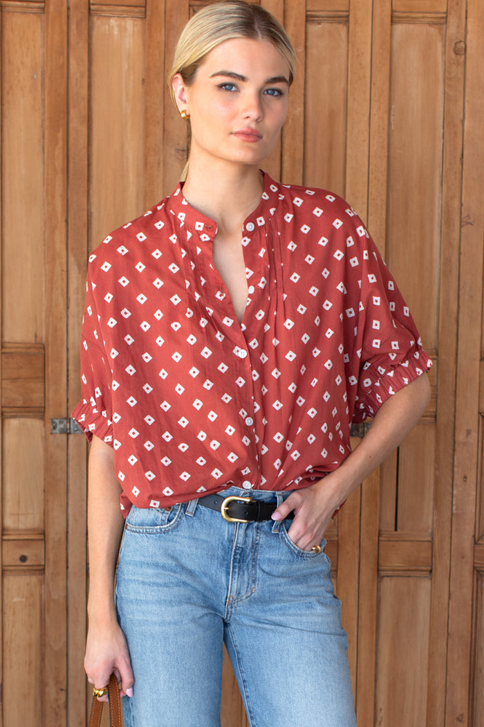 Mandarin Collar Top - Antique Rouge Diamonds Organic