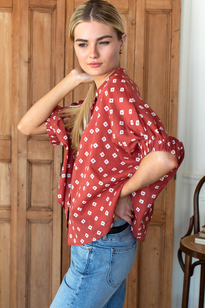 Mandarin Collar Top - Antique Rouge Diamonds Organic