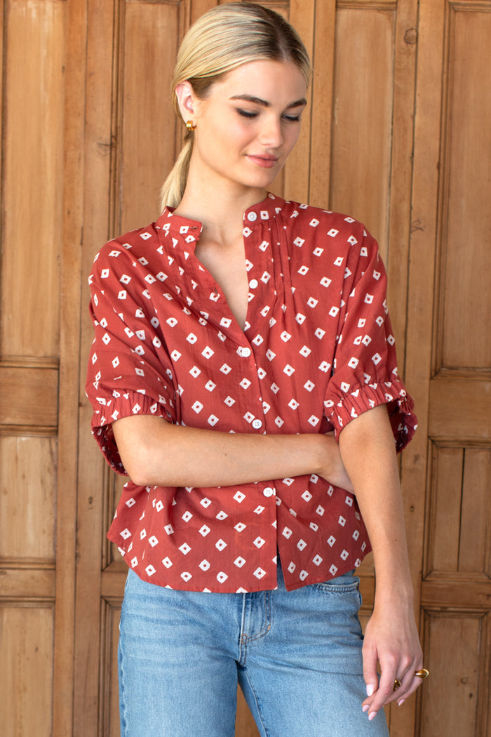Mandarin Collar Top - Antique Rouge Diamonds Organic