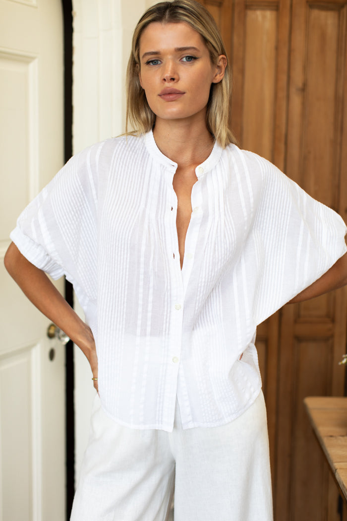 Mandarin Collar Top - Cloud Seersucker