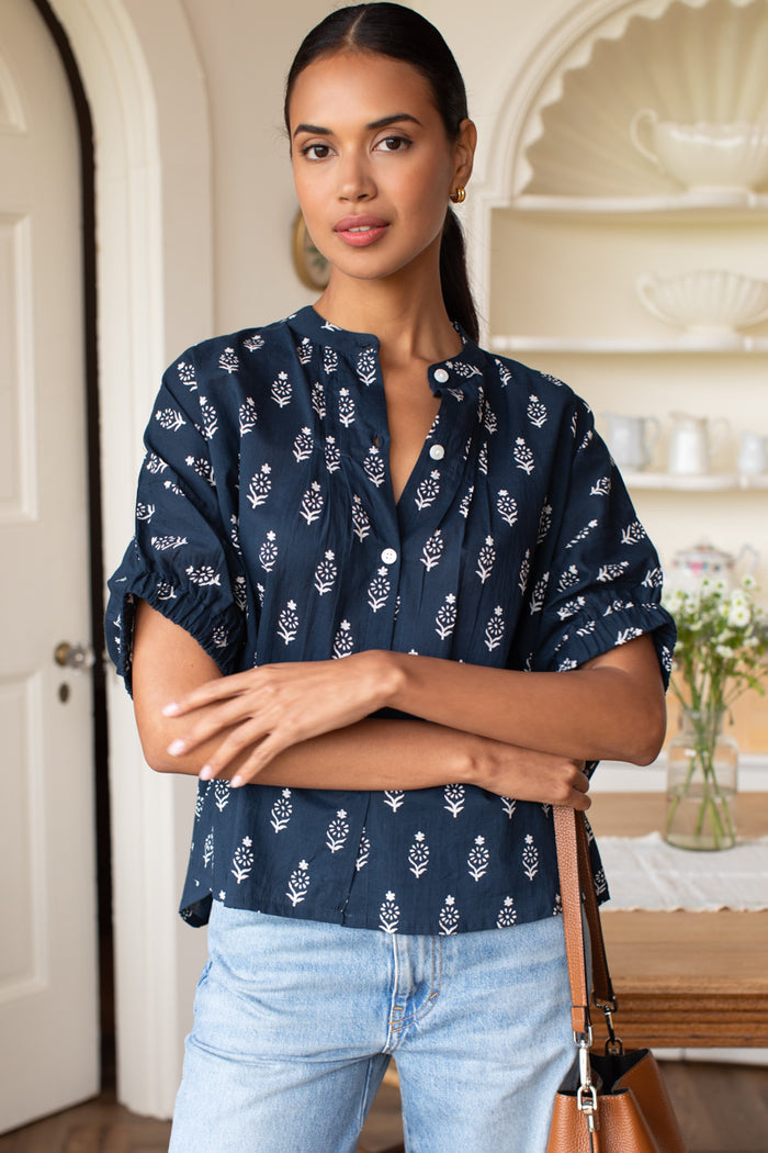 Mandarin Collar Top - Marguerite Blue 2 Organic