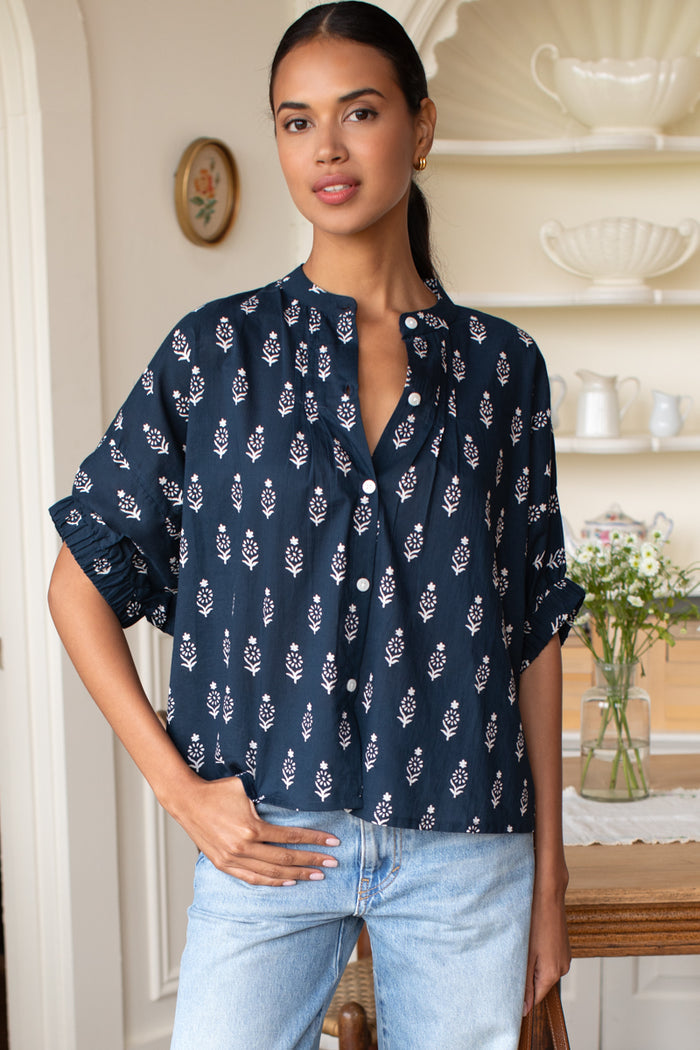 Mandarin Collar Top - Marguerite Blue 2 Organic