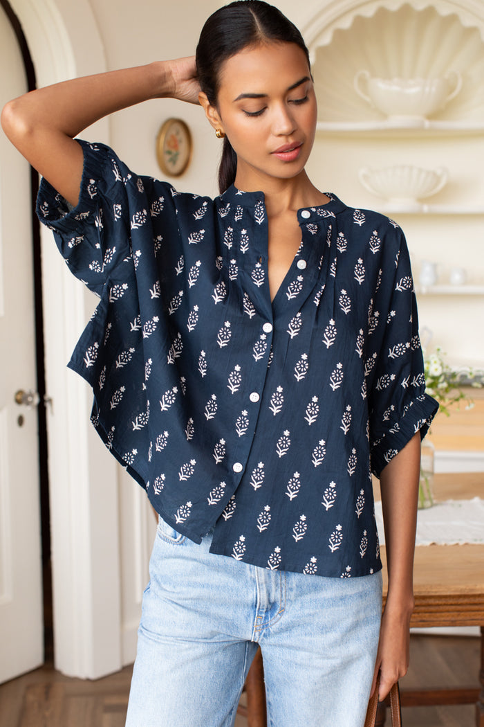 Mandarin Collar Top - Marguerite Blue 2 Organic