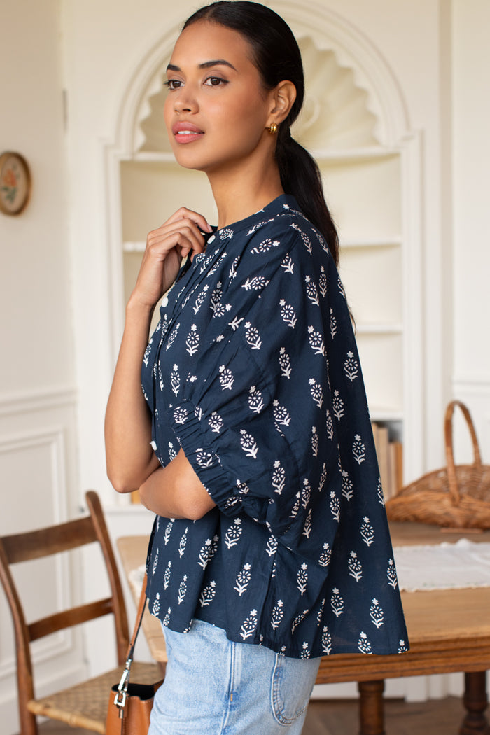 Mandarin Collar Top - Marguerite Blue 2 Organic