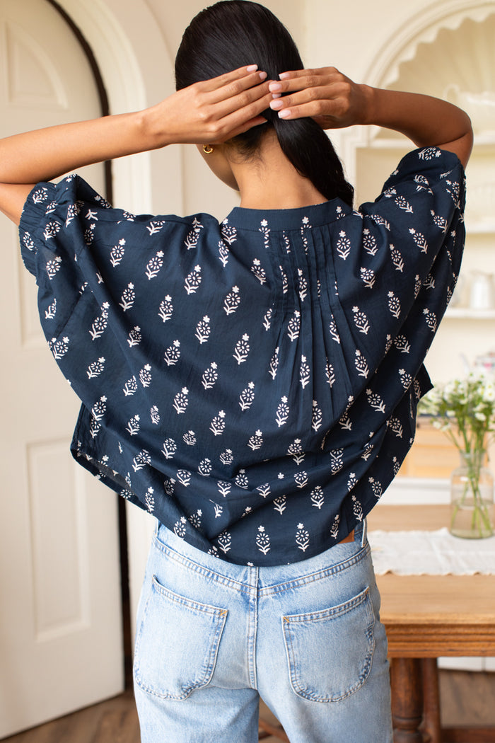 Mandarin Collar Top - Marguerite Blue 2 Organic