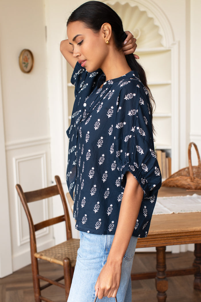 Mandarin Collar Top - Marguerite Blue 2 Organic
