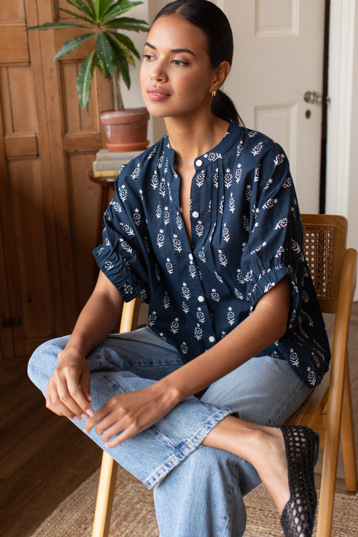 Mandarin Collar Top - Marguerite Blue 2 Organic