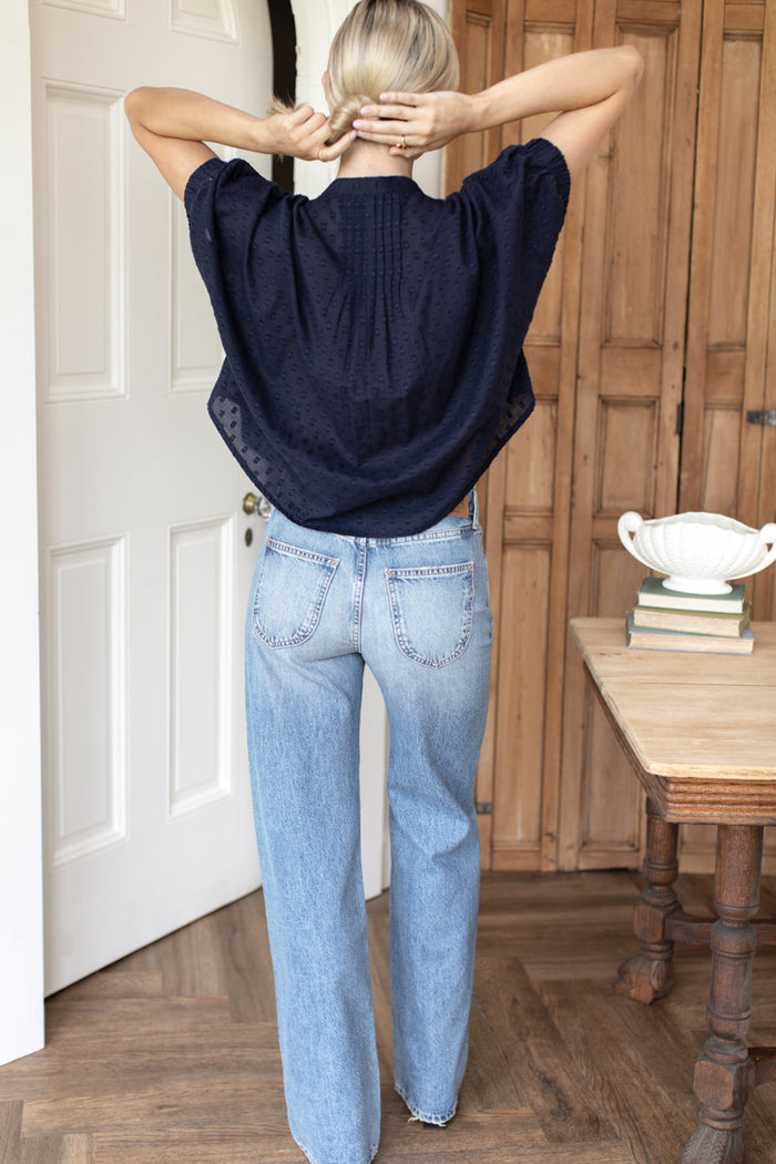 Mandarin Collar Top - Maritime Swiss Dot Organic