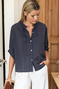 Mandarin Collar Top - Midnight Seersucker