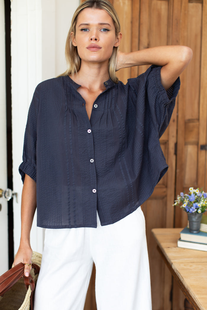 Mandarin Collar Top - Midnight Seersucker