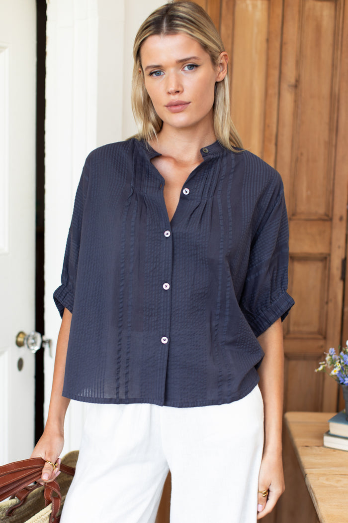 Mandarin Collar Top - Midnight Seersucker