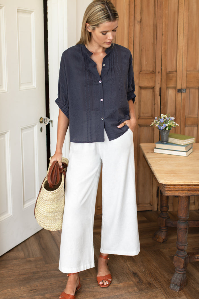 Mandarin Collar Top - Midnight Seersucker