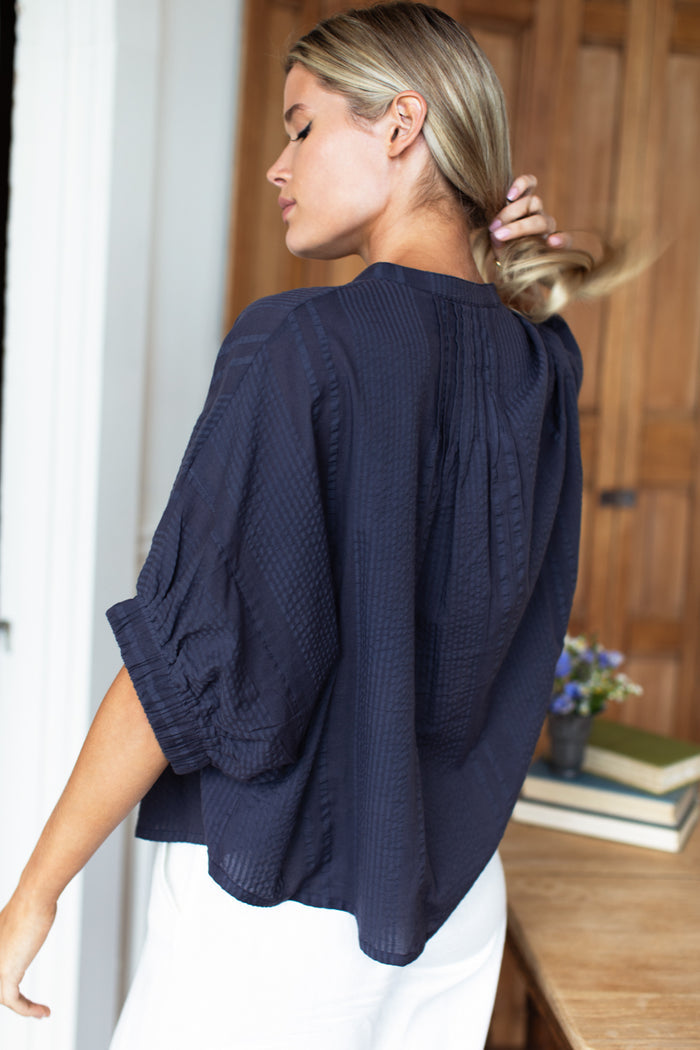 Mandarin Collar Top - Midnight Seersucker