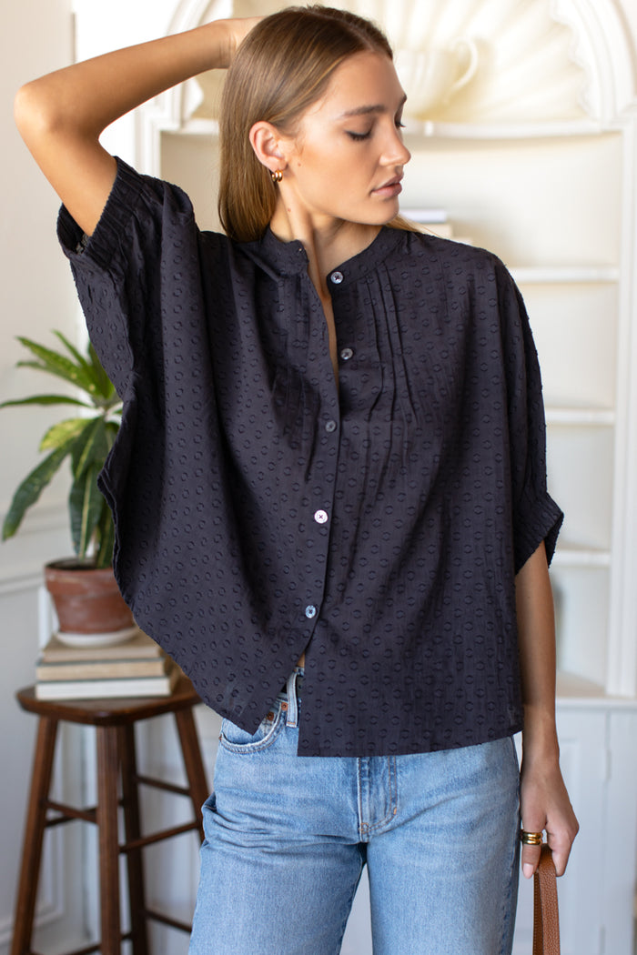 Mandarin Collar Top - Midnight Swiss Dots Organic