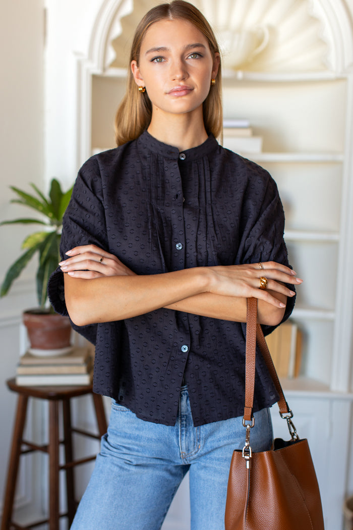 Mandarin Collar Top - Midnight Swiss Dots Organic