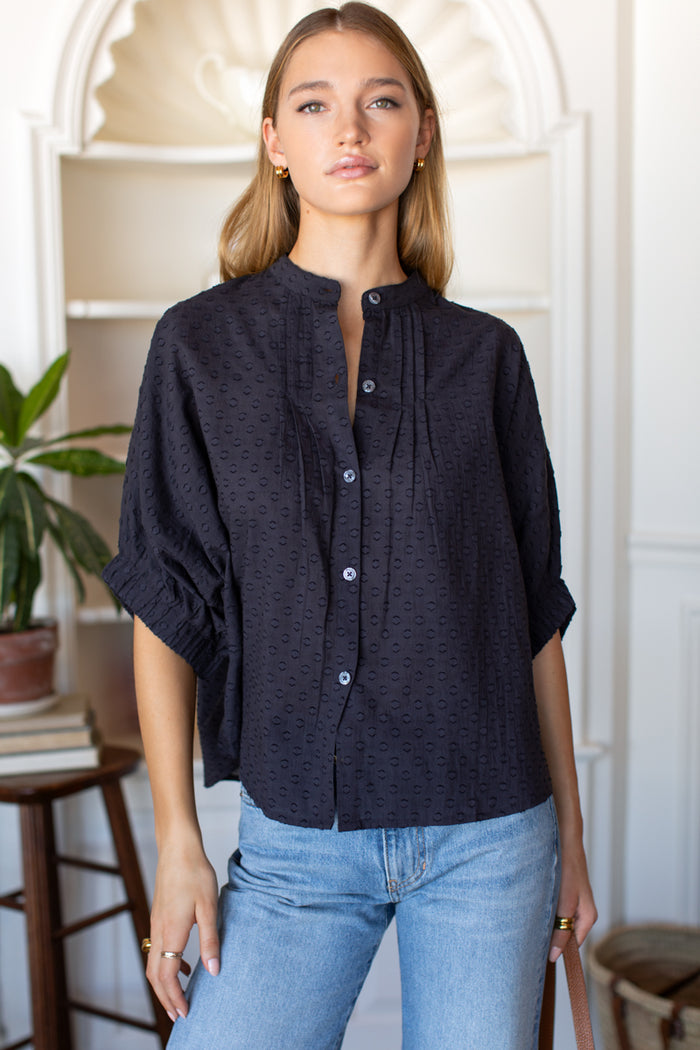 Mandarin Collar Top - Midnight Swiss Dots Organic
