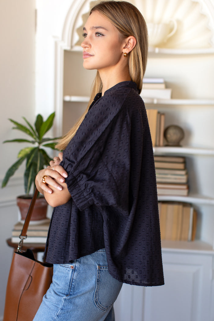 Mandarin Collar Top - Midnight Swiss Dots Organic