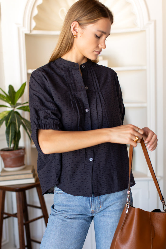 Mandarin Collar Top - Midnight Swiss Dots Organic