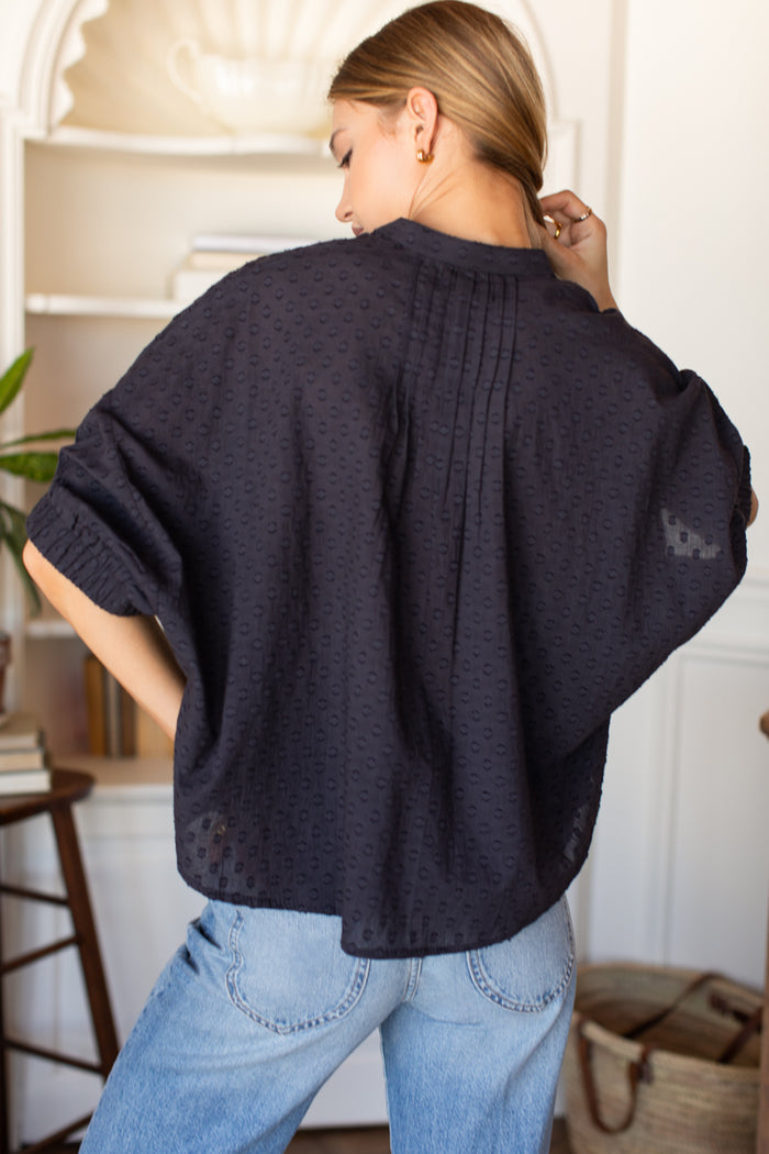 Mandarin Collar Top - Midnight Swiss Dots Organic