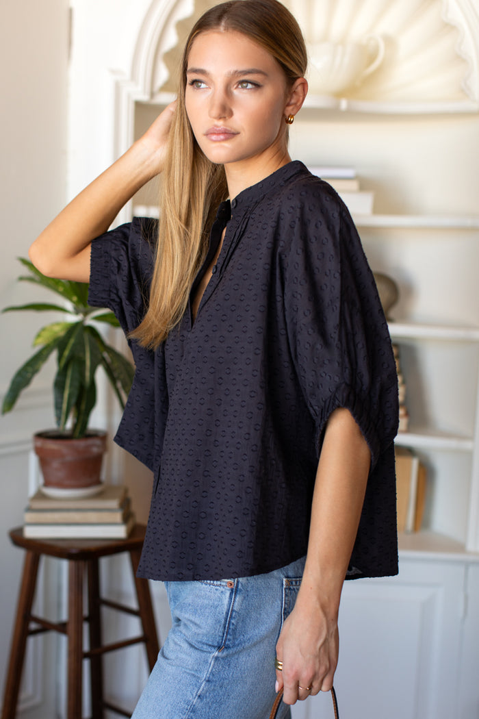 Mandarin Collar Top - Midnight Swiss Dots Organic